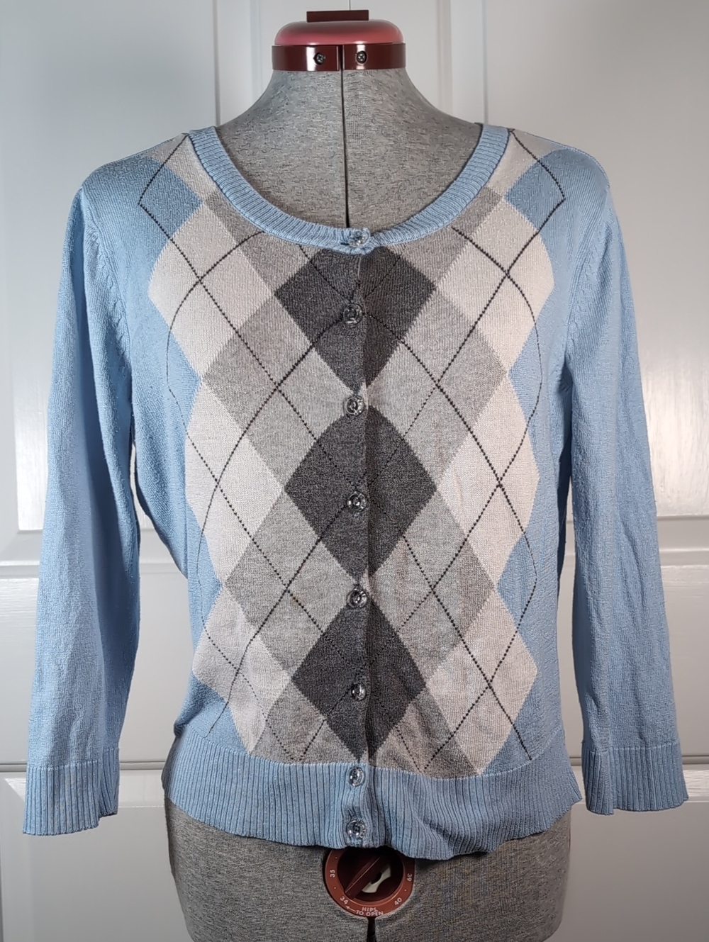 Vintage Y2K Baby Blue Argyle Knit Preppy Coquette Cardigan Sweater Medium